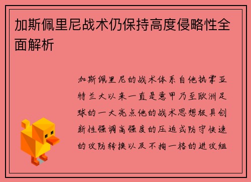 加斯佩里尼战术仍保持高度侵略性全面解析