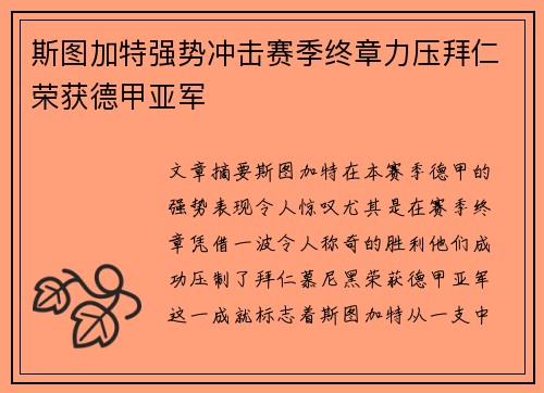 斯图加特强势冲击赛季终章力压拜仁荣获德甲亚军