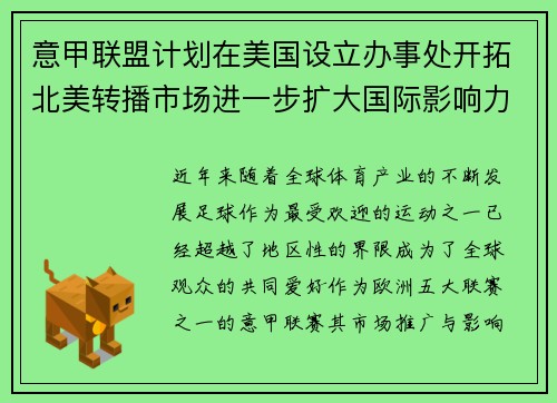 意甲联盟计划在美国设立办事处开拓北美转播市场进一步扩大国际影响力 意甲联盟计划在美国设立办事处开拓北美转播市场进一步扩大国际影响力